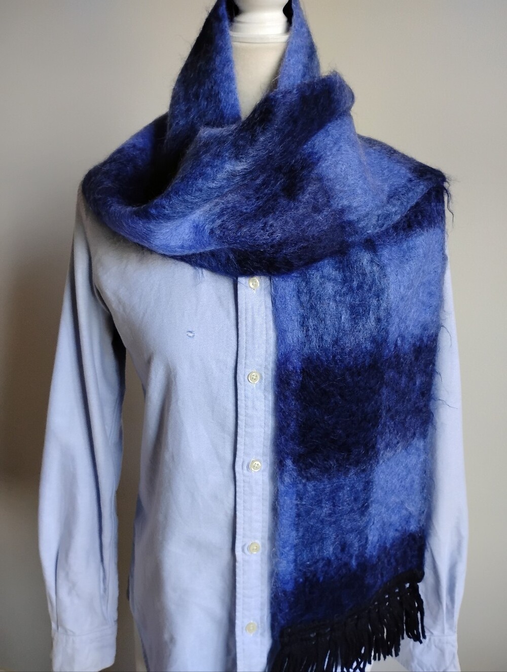 Vintage Mohair Satin Fringe Scarf Electric Blue Check Colorful Eclectic